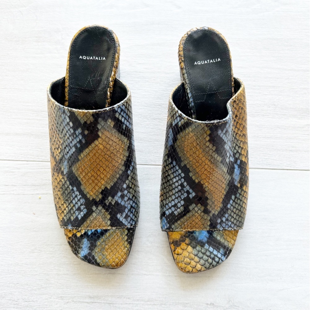 Aquatalia Made in Italy Leather Yellow & Blue Snake Peep Toe Wedge Sandals 7.5 - Picture 2 of 7